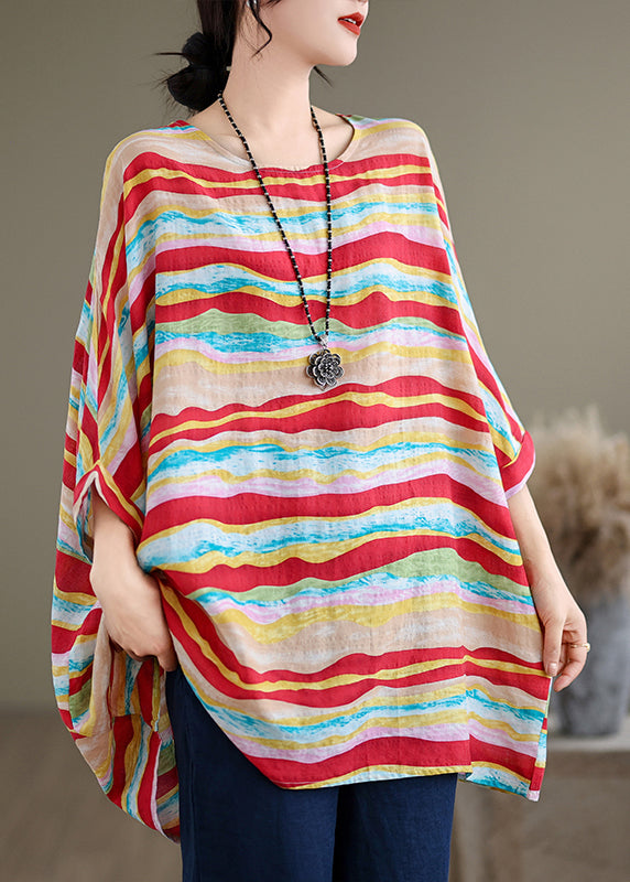 Women Red O Neck Striped Plus Size Cotton Blouse Tops Batwing Sleeve AP080