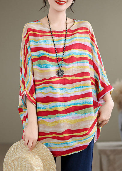 Women Red O Neck Striped Plus Size Cotton Blouse Tops Batwing Sleeve AP080