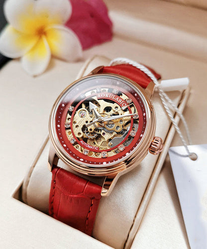 Frauen Rot Edelstahl Saphir Kristall Patchwork Dermis Zirkon Ausgehöhlt Uhr QU003