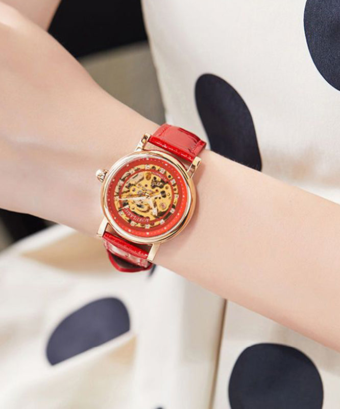 Women Red Stainless Steel Sapphire Crystal Patchwork Dermis Zircon Hollowed Out Watch QU003