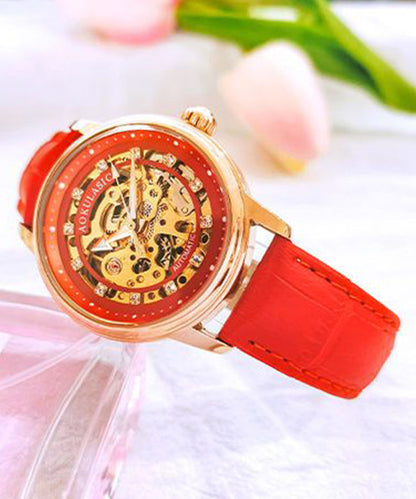 Frauen Rot Edelstahl Saphir Kristall Patchwork Dermis Zirkon Ausgehöhlt Uhr QU003