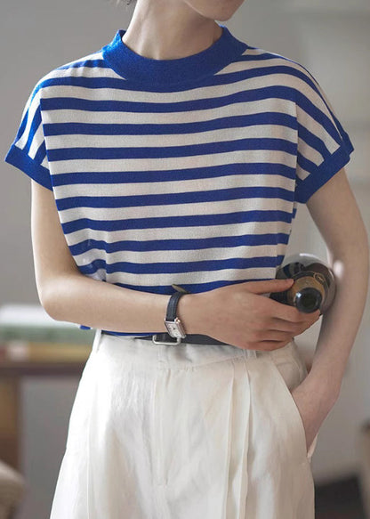 Women Red Stand Collar Striped Cotton Tanks Summer TZ005