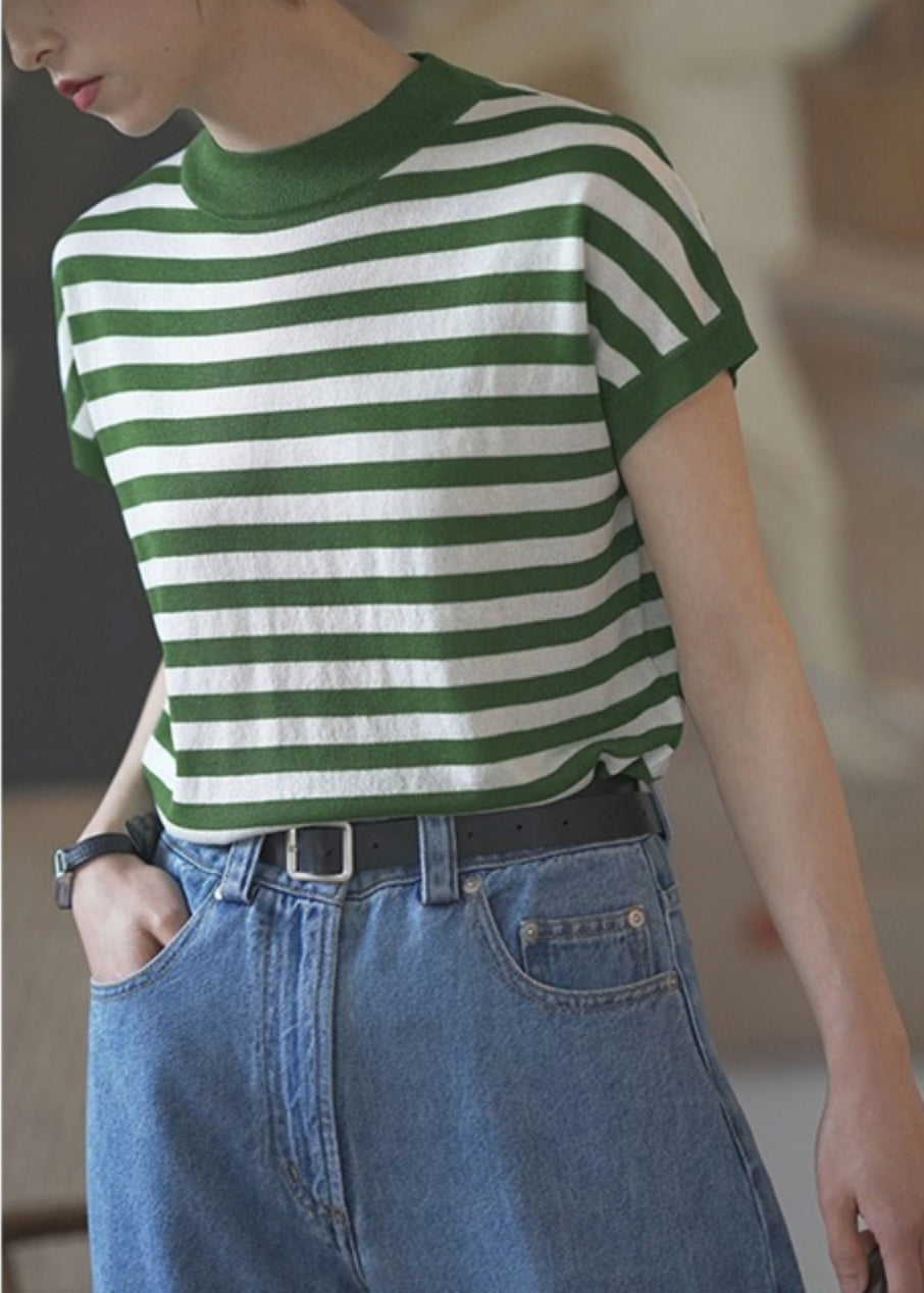 Women Red Stand Collar Striped Cotton Tanks Summer TZ005