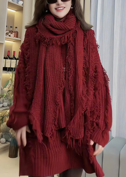 Women Red Tassel Patchwork Knitted Sweaters Spring TN030