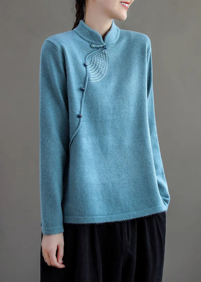 Women Retro Peacock Blue Stand Collar Knit Sweater Spring TI036