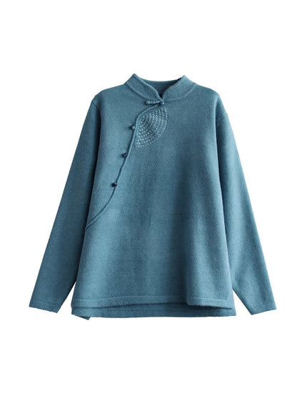 Women Retro Peacock Blue Stand Collar Knit Sweater Spring TI036