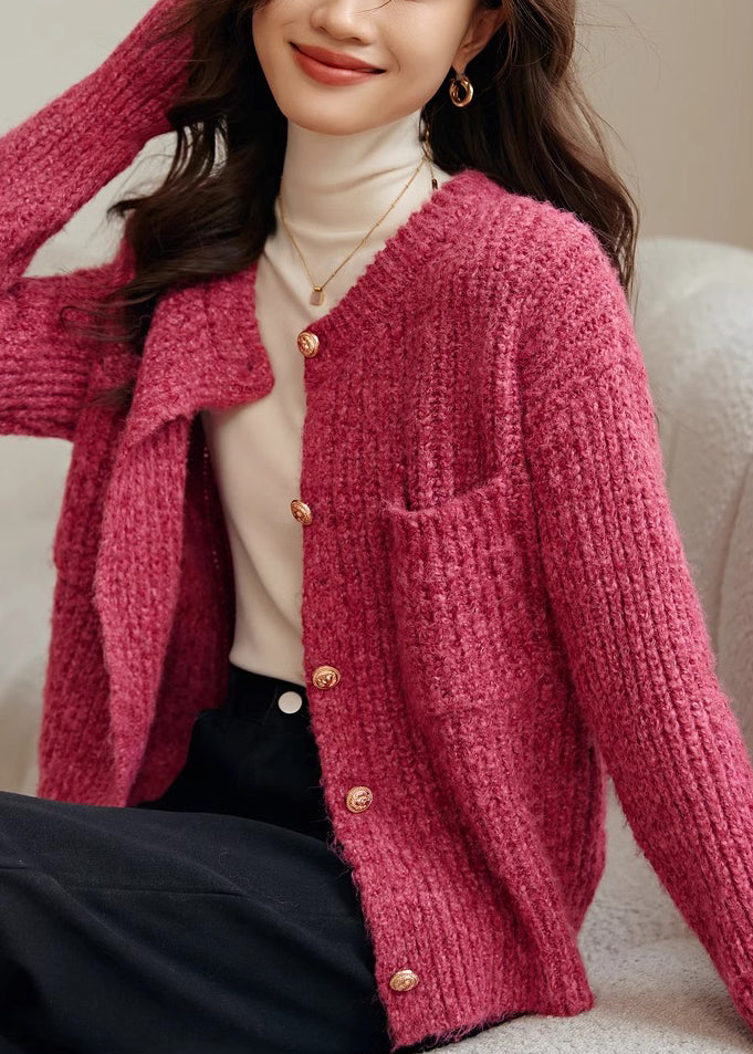 Women Rose O Neck Button Pockets Cotton Knit Coat Spring TF006