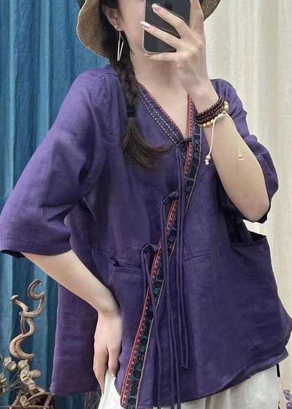 Women Rose V Neck Chinese Button Cotton Shirt Half Sleeve AU1060