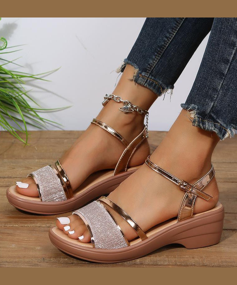 Frauen Silber Keilabsatz Sandalen Peep Toe Schnalle Riemen Sommer UU005