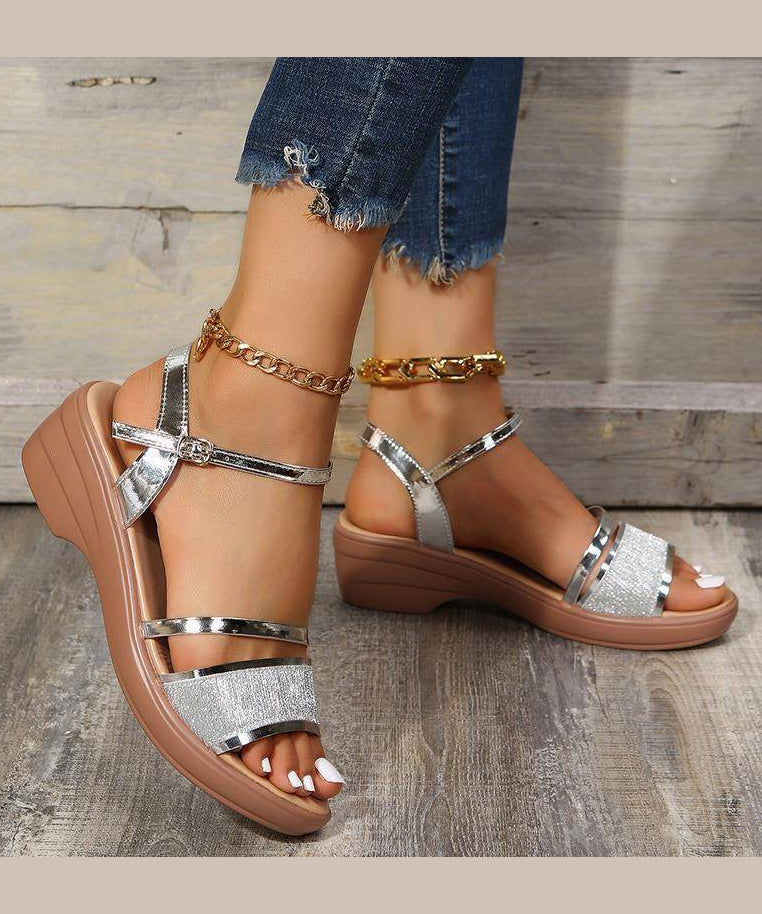 Frauen Silber Keilabsatz Sandalen Peep Toe Schnalle Riemen Sommer UU005