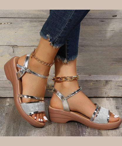 Frauen Silber Keilabsatz Sandalen Peep Toe Schnalle Riemen Sommer UU005