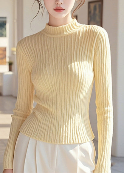 Women Simple Yellow Half High Neck Knit Pullover Spring TO007