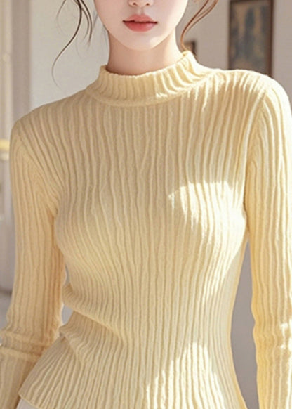 Women Simple Yellow Half High Neck Knit Pullover Spring TO007