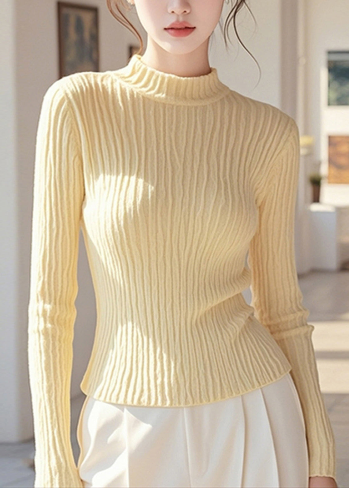 Women Simple Yellow Half High Neck Knit Pullover Spring TO007