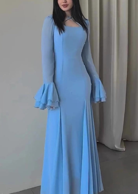 Robe longue en mousseline de soie à col en U bleu pour femme, coupe ajustée, manches papillon, QL038