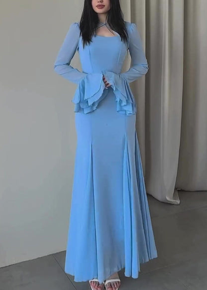 Damen Slim Fit Blau U-Ausschnitt Chiffon Maxi Kleider Schmetterlingsärmel QL038