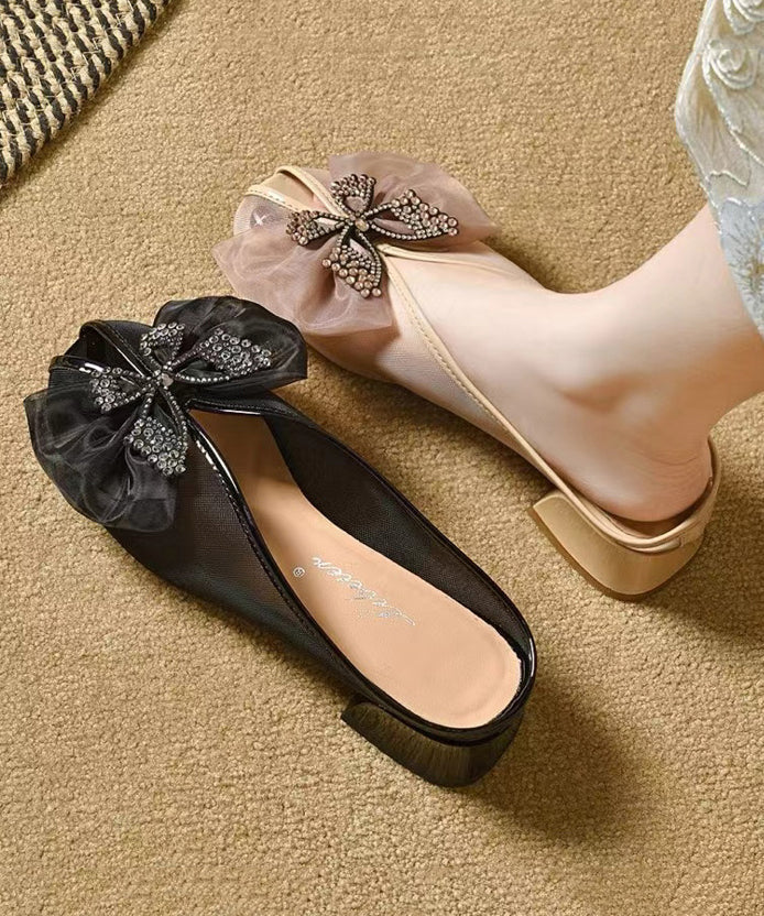 Women Splicing Chunky Black Tulle Bow Slide Sandals AA007