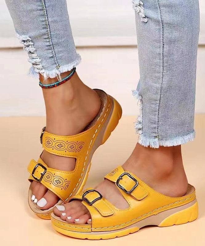 Women Splicing Wedge Yellow Slide Sandals Hollow Out Peep Toe UU016