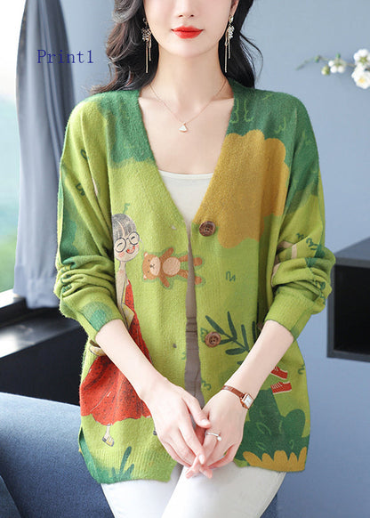 Women V Neck Print Pockets Woolen Cardigans Spring TQ022