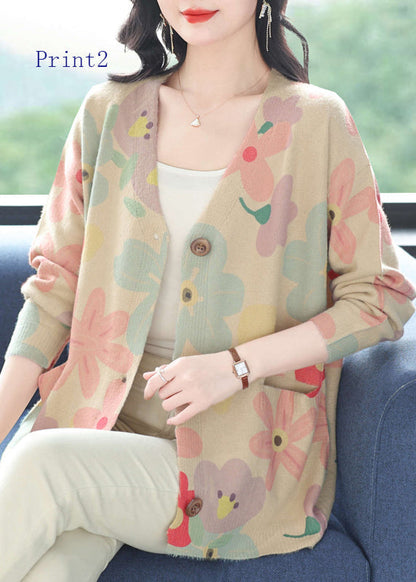 Women V Neck Print Pockets Woolen Cardigans Spring TQ022