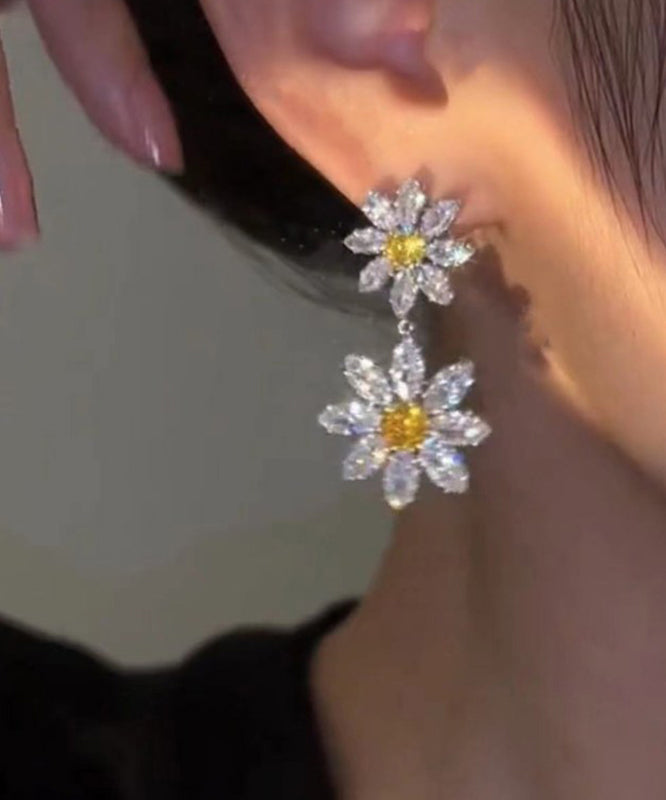 Women White Alloy Crystal Zircon Floral Drop Earrings EY007