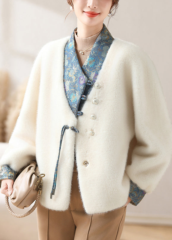 Women White Asymmetrical Button Mink Velvet Coat Winter RC017