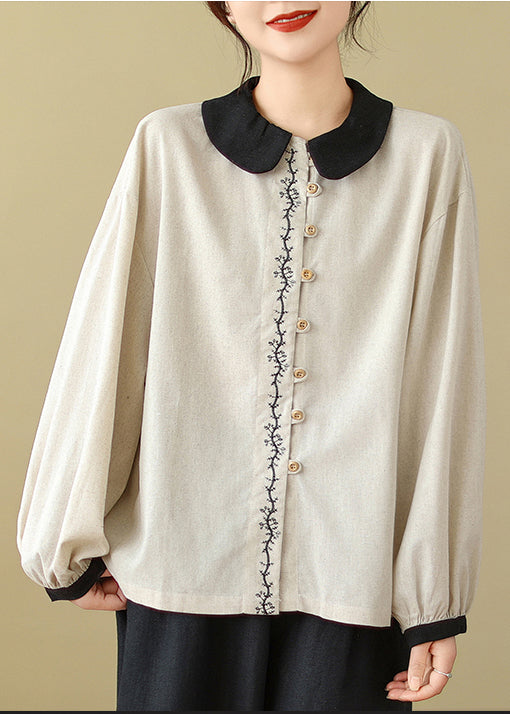 Women White Embroidered Patchwork Linen Shirts Spring TM029