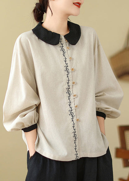 Women White Embroidered Patchwork Linen Shirts Spring TM029