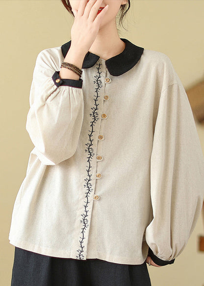 Women White Embroidered Patchwork Linen Shirts Spring TM029