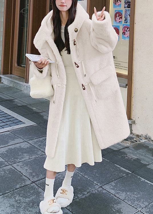 Women White Hooded Pockets Mink Velvet Coats Spring YW039