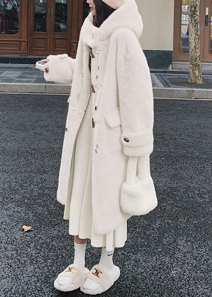 Women White Hooded Pockets Mink Velvet Coats Spring YW039