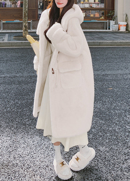 Women White Hooded Pockets Mink Velvet Coats Spring YW039