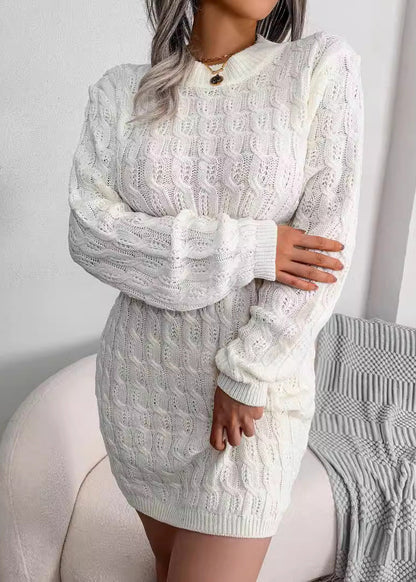 Women White O Neck Slim Fit Knit Sweater Dress Fall QR007