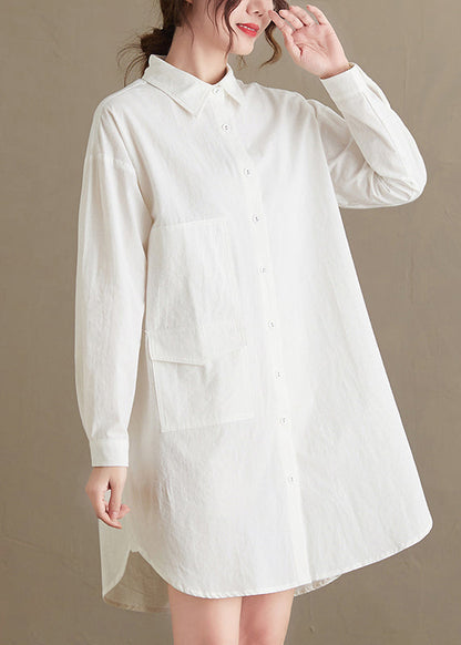 Women White Peter Pan Collar Pockets Cotton Shirt Top Fall OO036