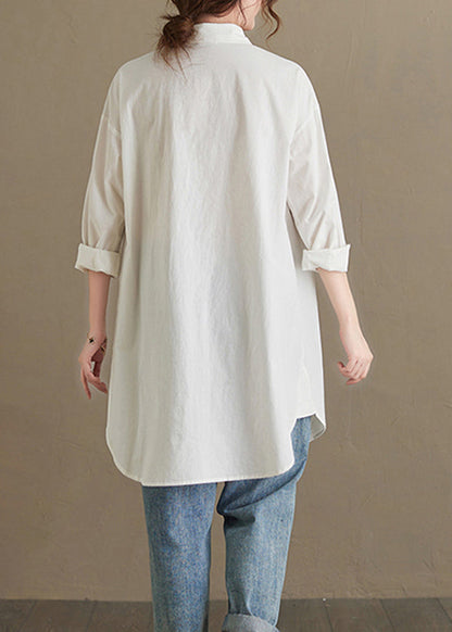 Women White Peter Pan Collar Pockets Cotton Shirt Top Fall OO036