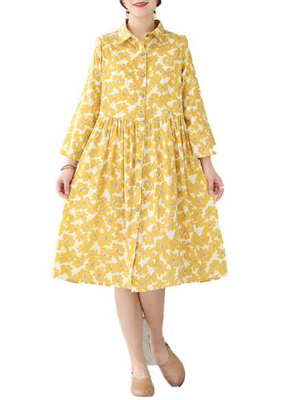 Women Yellow Peter Pan Collar Print Cotton Shirts Dresses Fall QA043