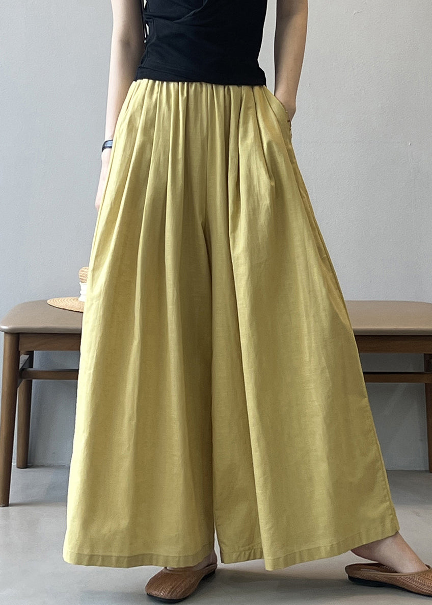 Women Yellow Pockets Solid Cotton Wide Leg Pants Summer QE055