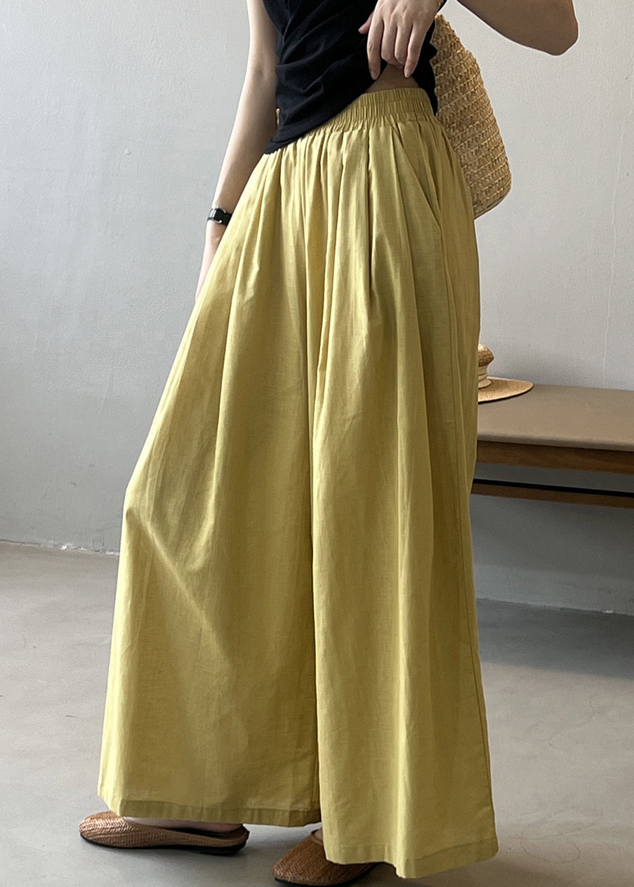 Women Yellow Pockets Solid Cotton Wide Leg Pants Summer QE055