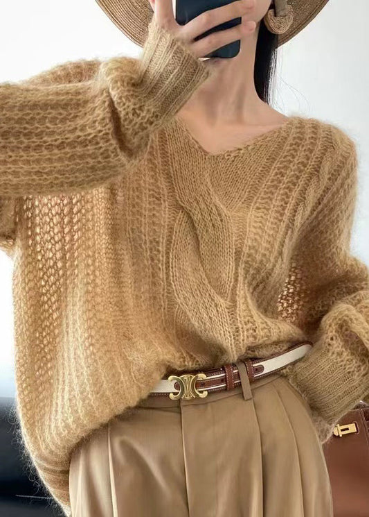 Gelber gemütlicher Strickpullover mit V-Ausschnitt für den Winter WQ049