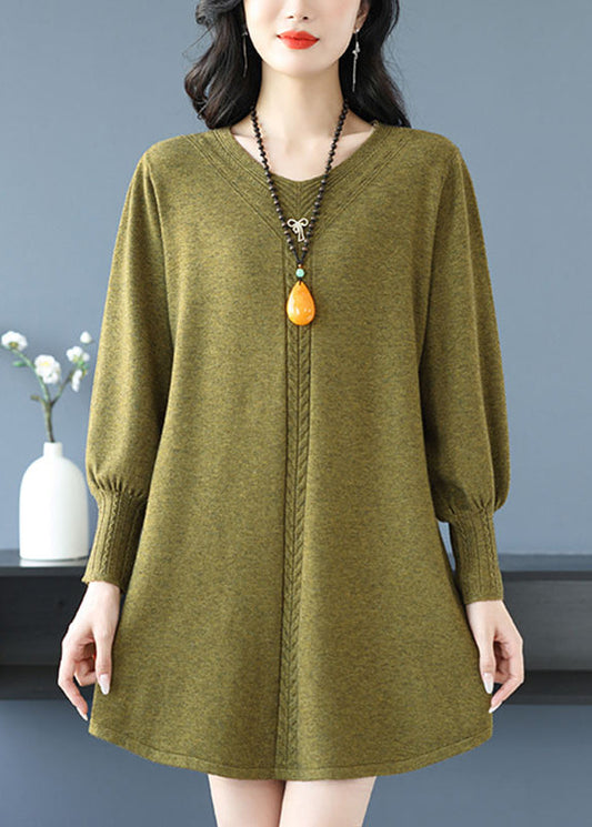 Yellow Green V Neck Cozy Cotton Knit Sweater TE031