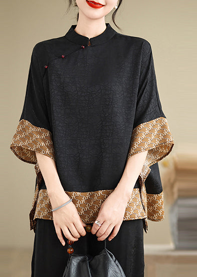 Yellow Patchwork Silk Blouse Mandarin Collar Summer TM012