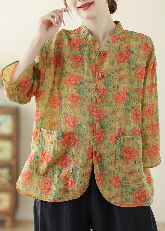 Yellow Print Linen Oriental Tops Pockets Spring TM034