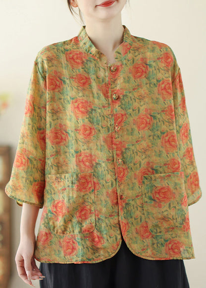 Yellow Print Linen Oriental Tops Pockets Spring TM034