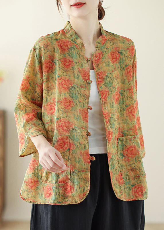 Yellow Print Linen Oriental Tops Pockets Spring TM034