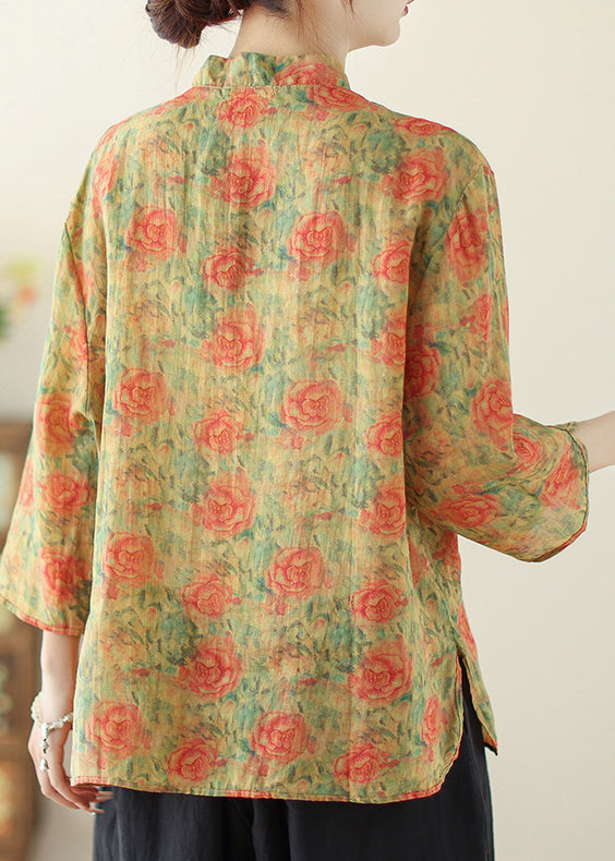 Yellow Print Linen Oriental Tops Pockets Spring TM034