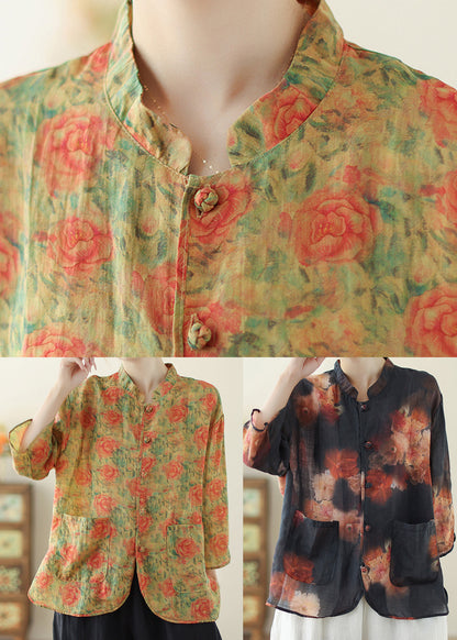 Yellow Print Linen Oriental Tops Pockets Spring TM034