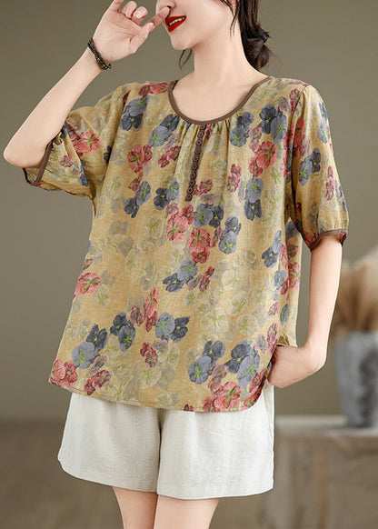 Yellow Print Loose Linen T Shirts O Neck Short Sleeve JH045