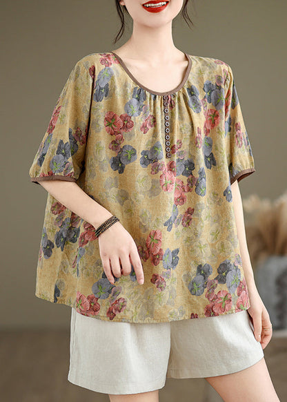 Yellow Print Loose Linen T Shirts O Neck Short Sleeve JH045