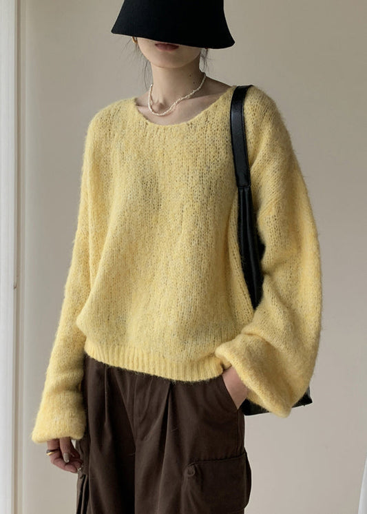 Pull en tricot de coton uni jaune col en V hiver WY020