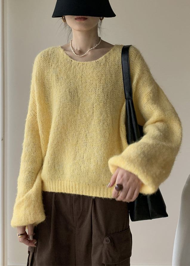 Yellow Solid Cotton Knit Pullover Sweater V Neck Winter WY020